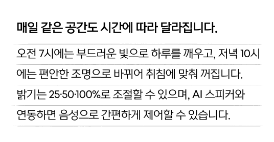 매일 같은 공간도 시간에 따라 달라집니다. 오전 7시에는 부드러운 빛으로 하루를 깨우고, 저녁 10시 10시에는 편안한 조명으로 바뀌어 취침에 맞춰 꺼집니다. 밝기는 25·50·100%로 조절할 수 있으며, AI 스피커와 연동하면 음성으로 간편하게 제어할 수 있습니다.